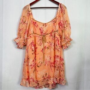 Free People Floral Mini Dress Marney Peach Square Neckline XL Cottagecore Ruffle
